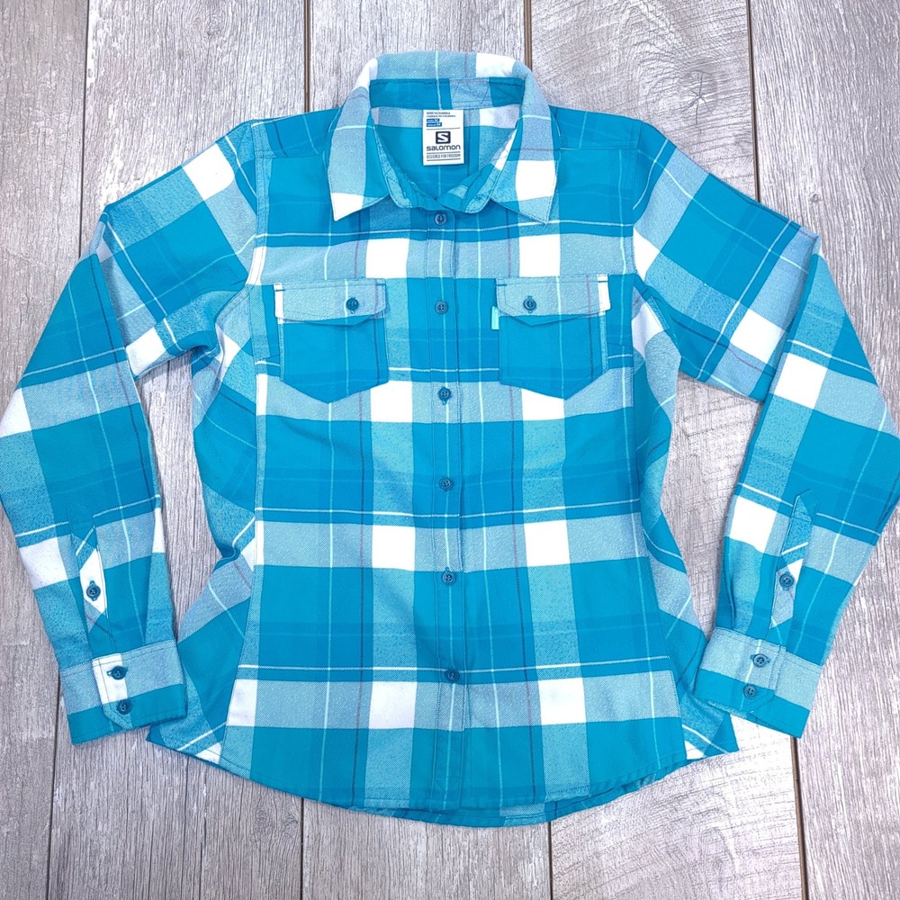 Salomon Flannel Button Shirt Women Medium Turquoise Plaid Hiking Outdoor Top